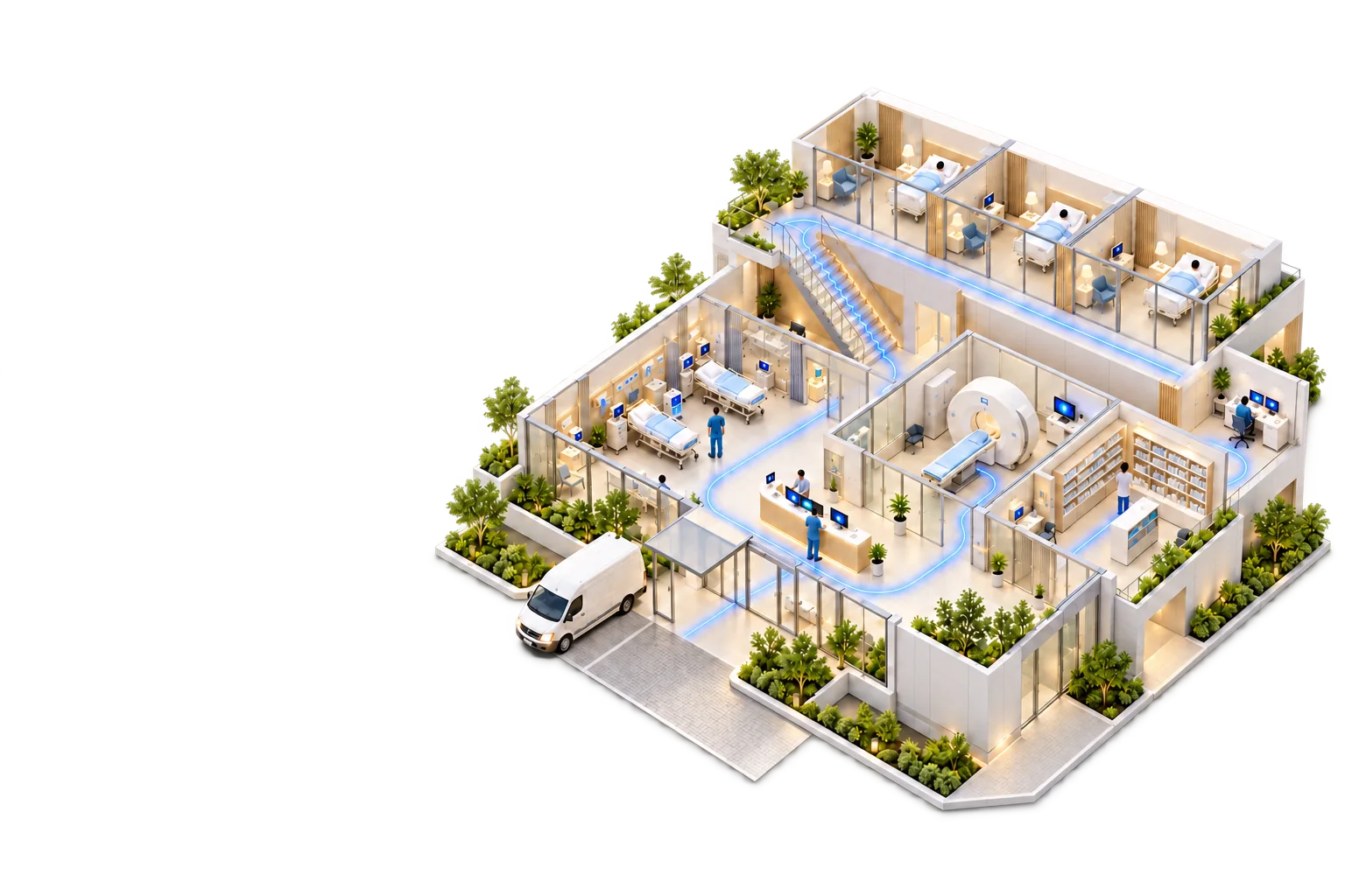 Cutaway model of a hospital in daylight, from the ambulance bay through triage, treatment bays, imaging, the medication room and a physician workstation to the inpatient floor, joined by a thread of blue light